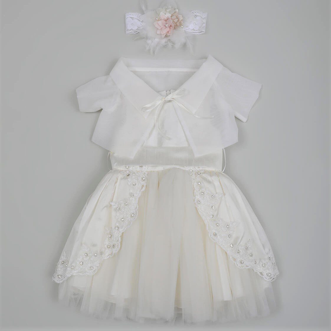 Βαπτιστικό φόρεμα Makis Tselios από γαλλικό τούλι και σαντούκ μεταξωτό