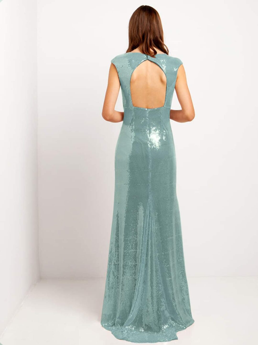 Φόρεμα μακρύ με παγιέτα και ανοιχτή πλάτη σε απαλό πράσινο της μέντας