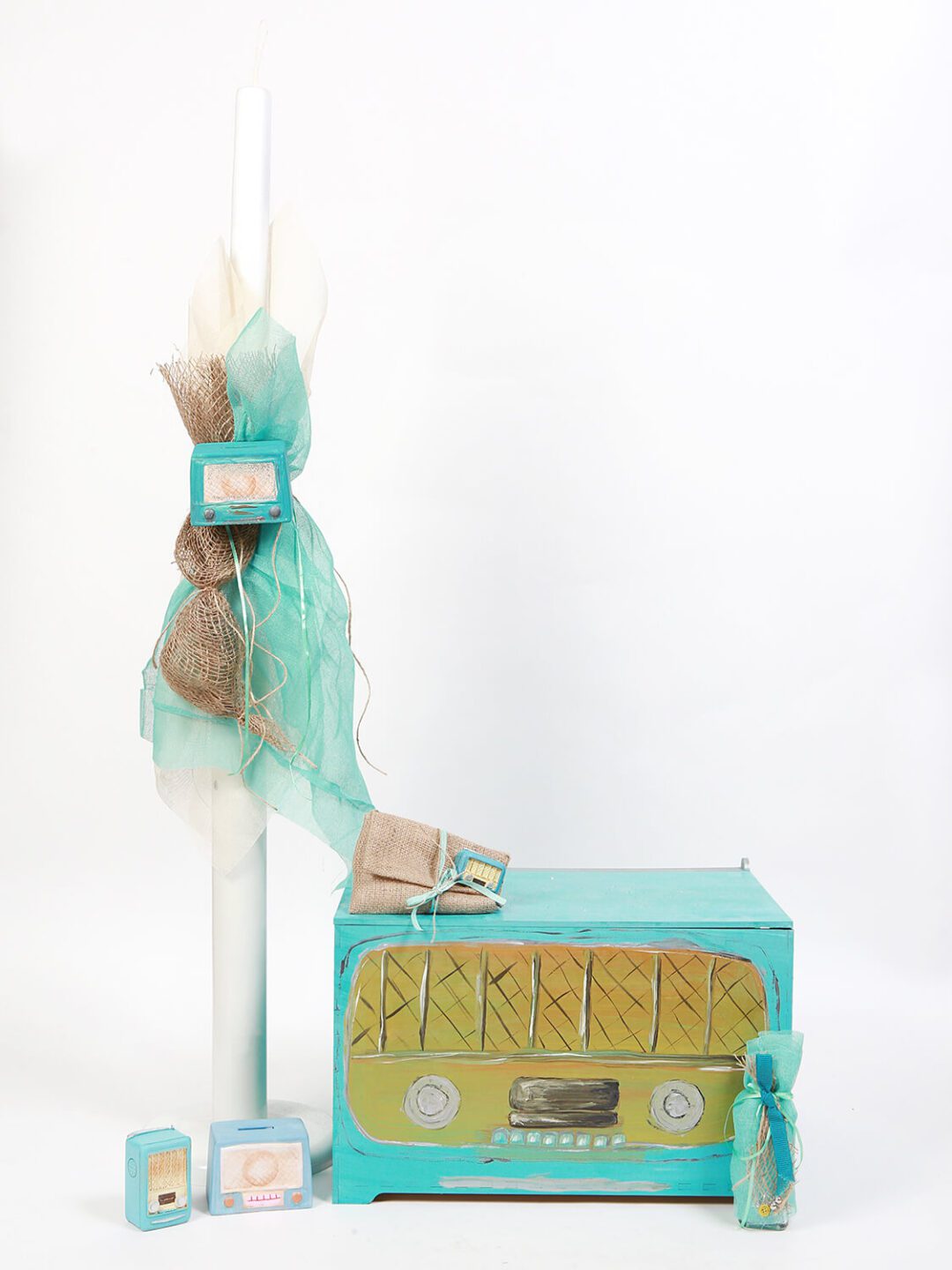 Σετ βάπτισης ξύλινο κουτί με θέμα ρετρό ραδιόφωνο