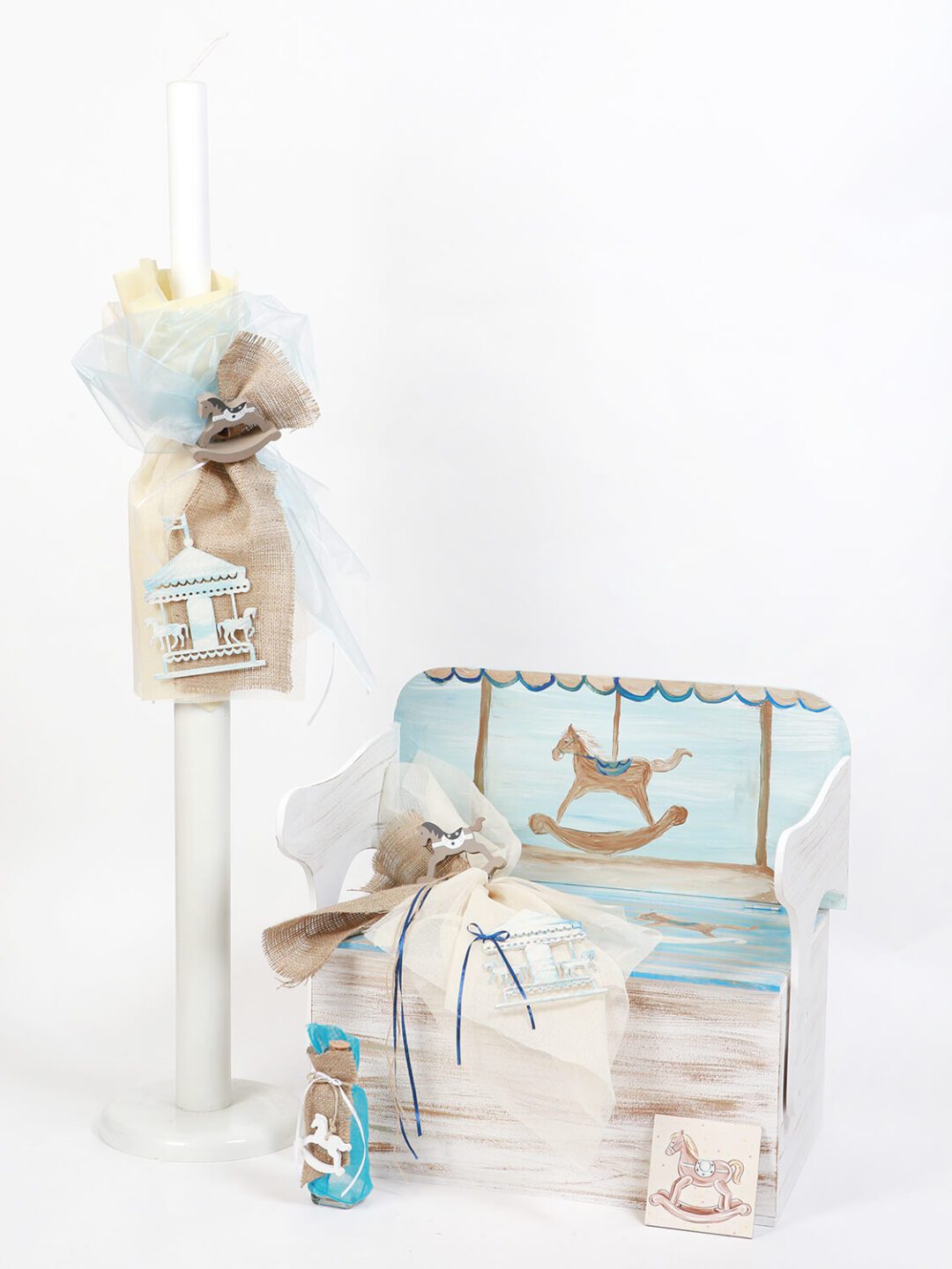 Σετ κουτί βάφτισης ξύλινο θρανίο με θέμα το καρουζέλ