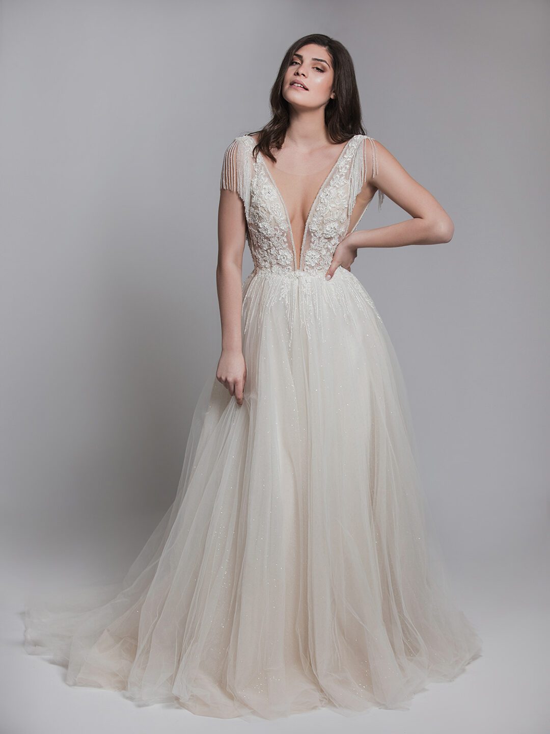 boho chic ρομαντικό νυφικό, σε άλφα γραμμή