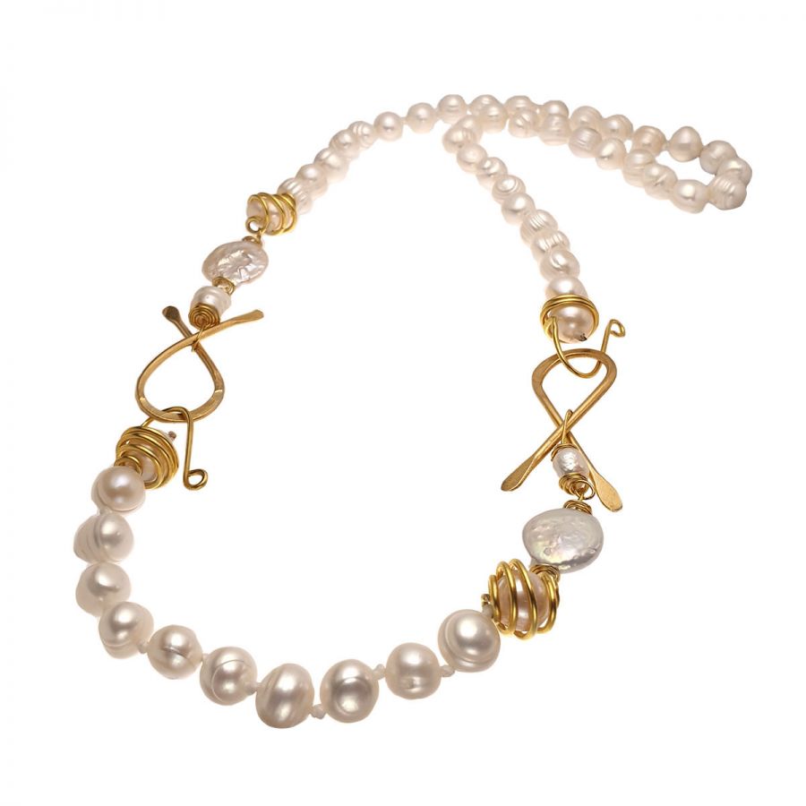 Κολιέ Σφυρήλατο από Ορείχαλκο με Μαργαριτάρια