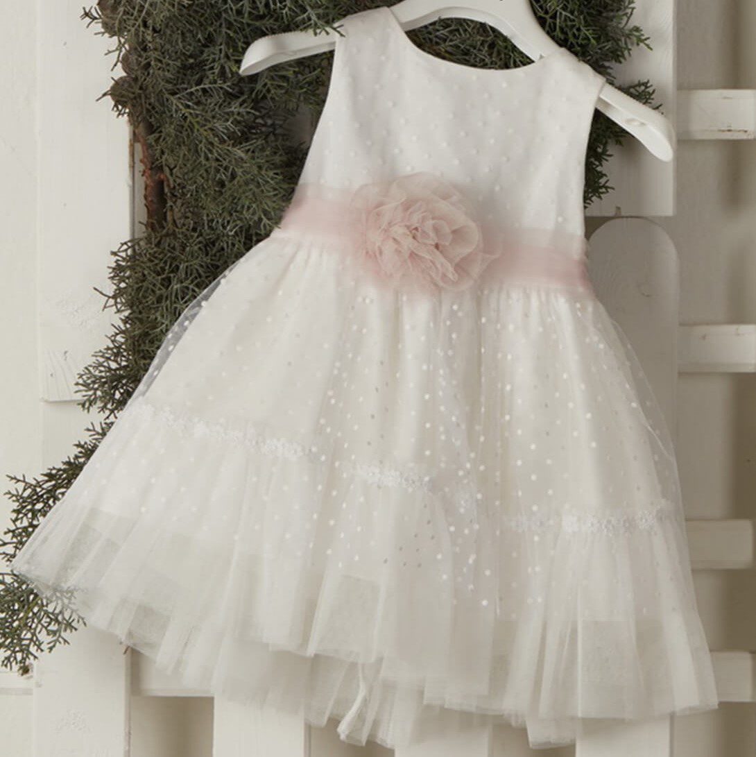 Λευκό βαπτιστικό φόρεμα με πουά γαλλικό τούλι