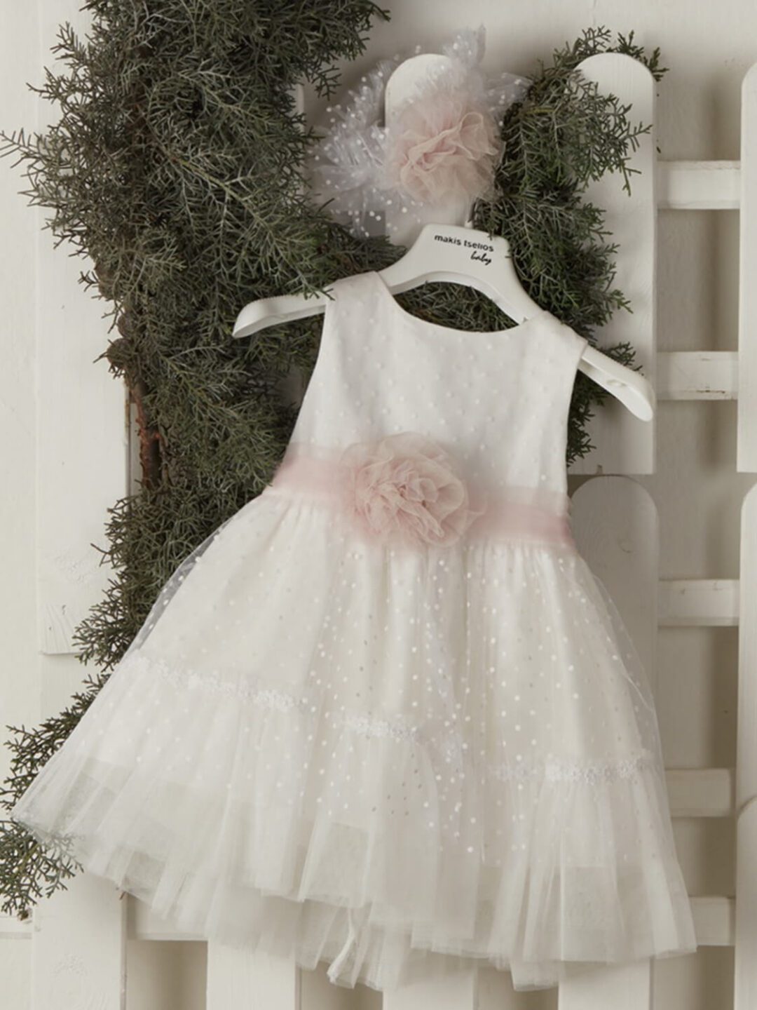 31633200912 Λευκό βαπτιστικό φόρεμα με πουά γαλλικό τούλι