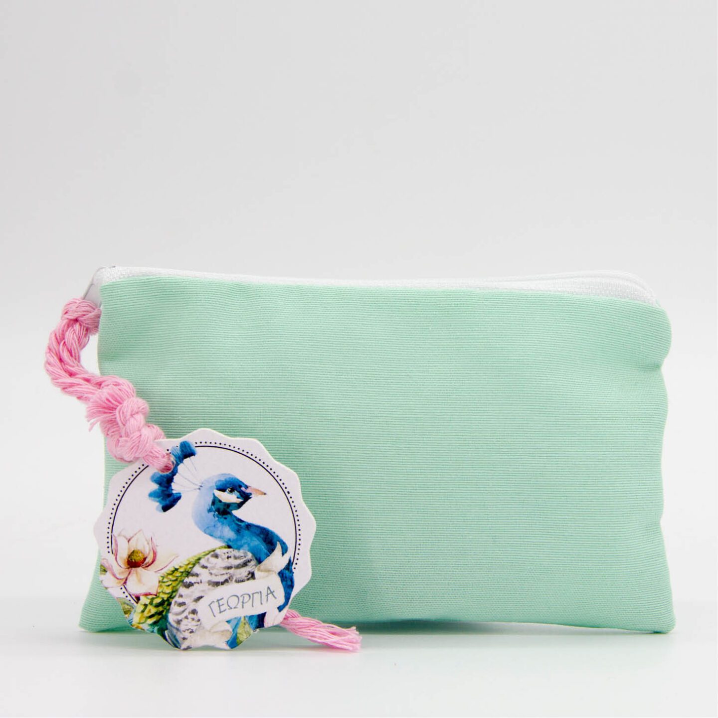 Μπομπονιέρα υφασματινο πορτοφόλι με ξύλινη ετικέτα με τυπωμένο το θέμα της βάπτισης