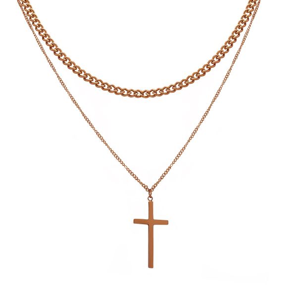 Διπλό Κολιέ Αλυσίδα από Ατσάλι με Σταυρό
