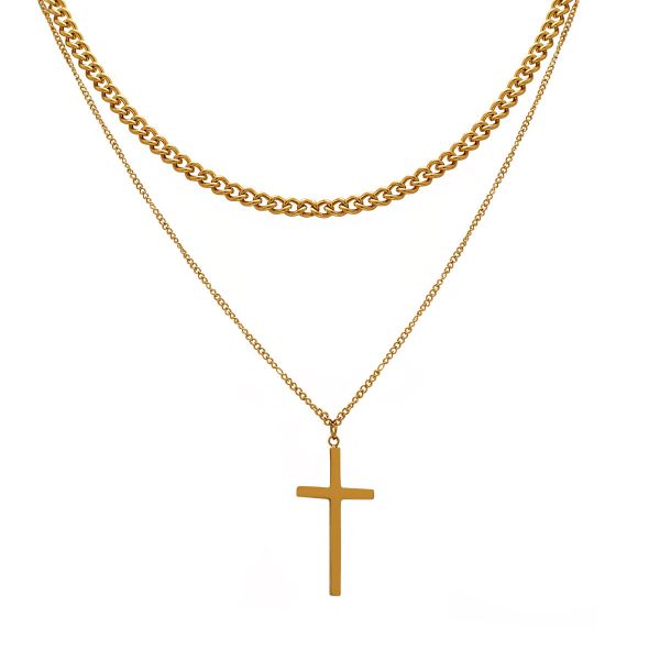 Διπλό κολιέ αλυσίδα από ατσάλι σε χρυσό χρώμα, διακοσμημένο με σταυρό