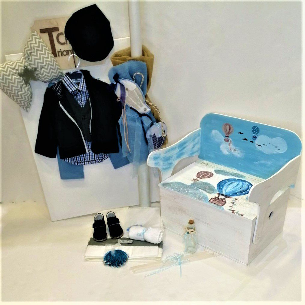 πλήρες σετ βάπτισης με θέμα το Αερόστατο, συνδυασμένο με ρούχο και παπούτσι