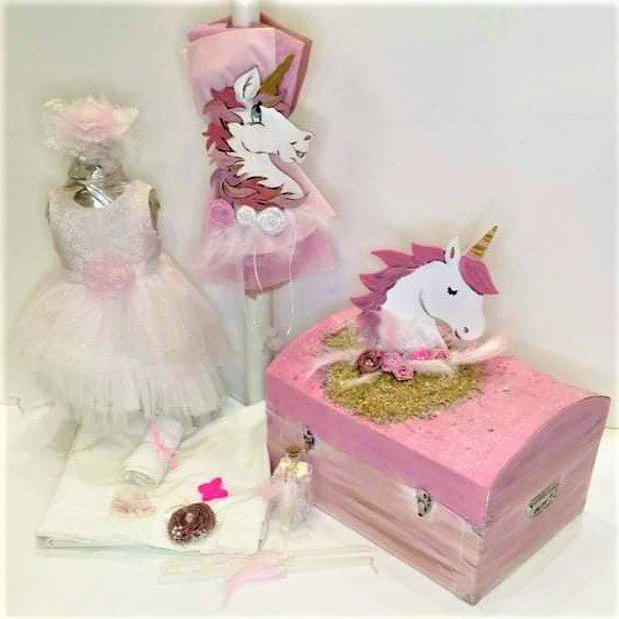 Πλήρες σετ βάπτισης με θέμα το μονοκέρο, συνδυασμένο με φόρεμα