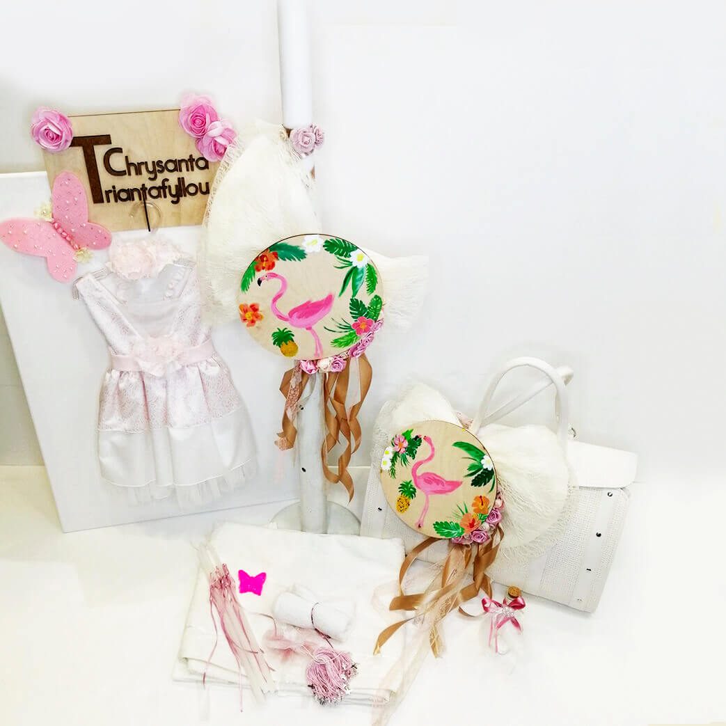 Πλήρες σετ βάπτισης με θέμα το φλαμίνγκο, συνδυασμένο με φόρεμα
