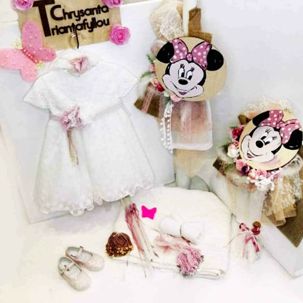 Πλήρες σετ βάπτισης με την minnie disney, συνδυασμένο με φόρεμα και παπούτσι