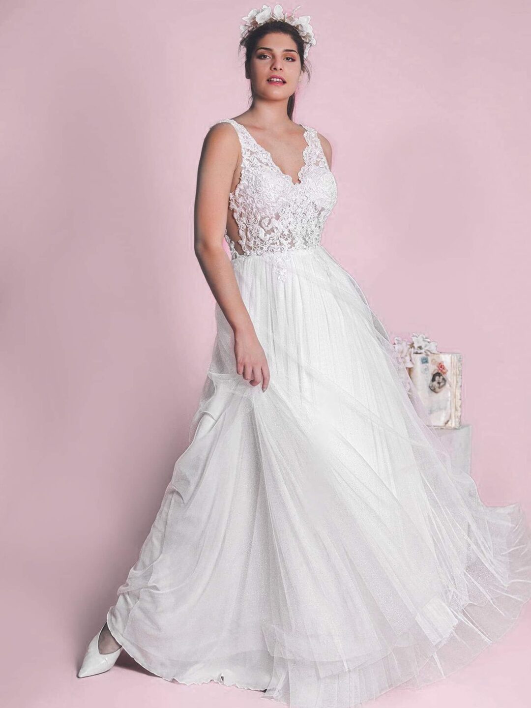 Ρομαντικό Νυφικό με μπούστο δαντέλα και γαλλικό τούλι