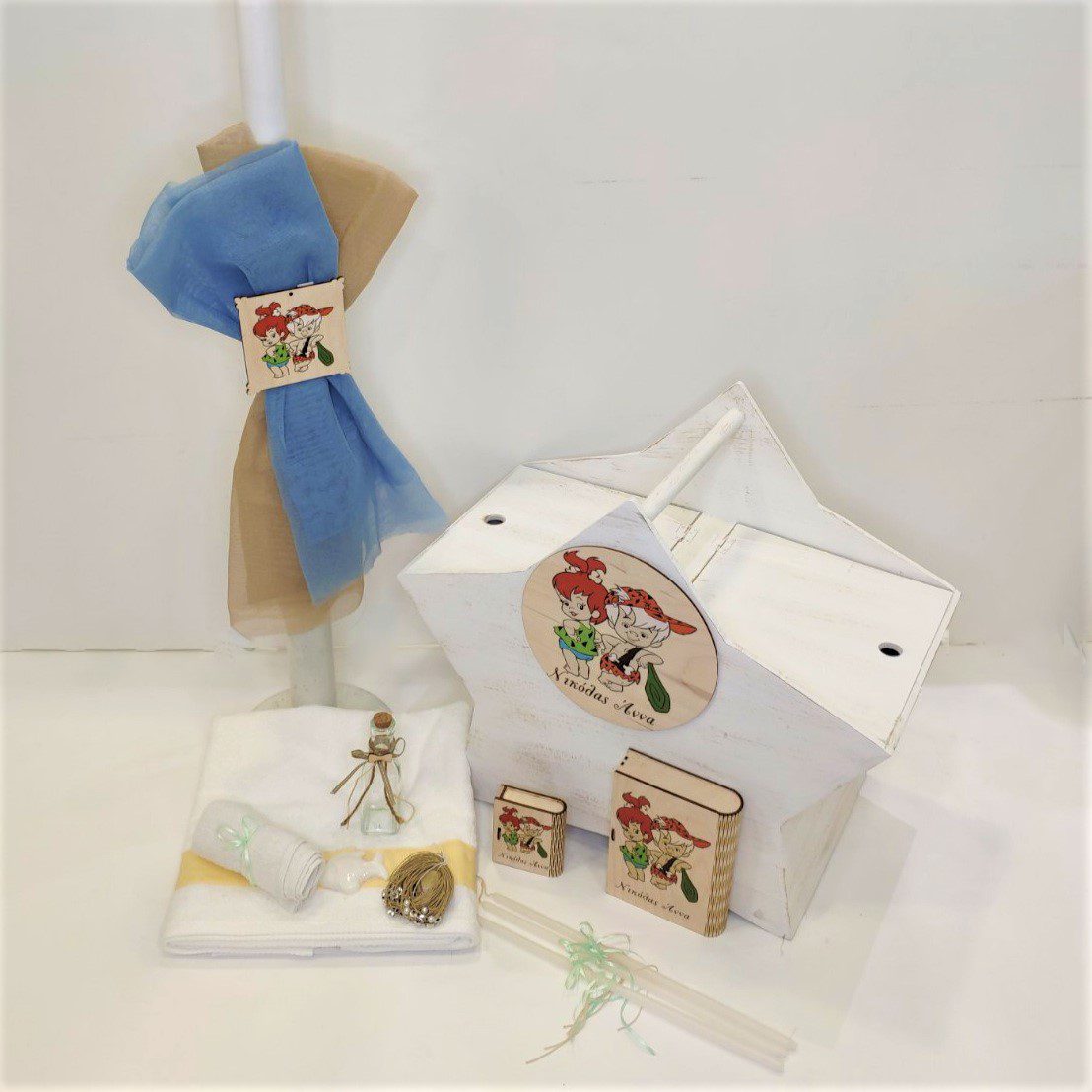 Πλήρες σετ βάπτισης με τους Flinstones, ιδανικό βαπτιστικό σετ για δίδυμα παιδιά αγόρι κορίτσι