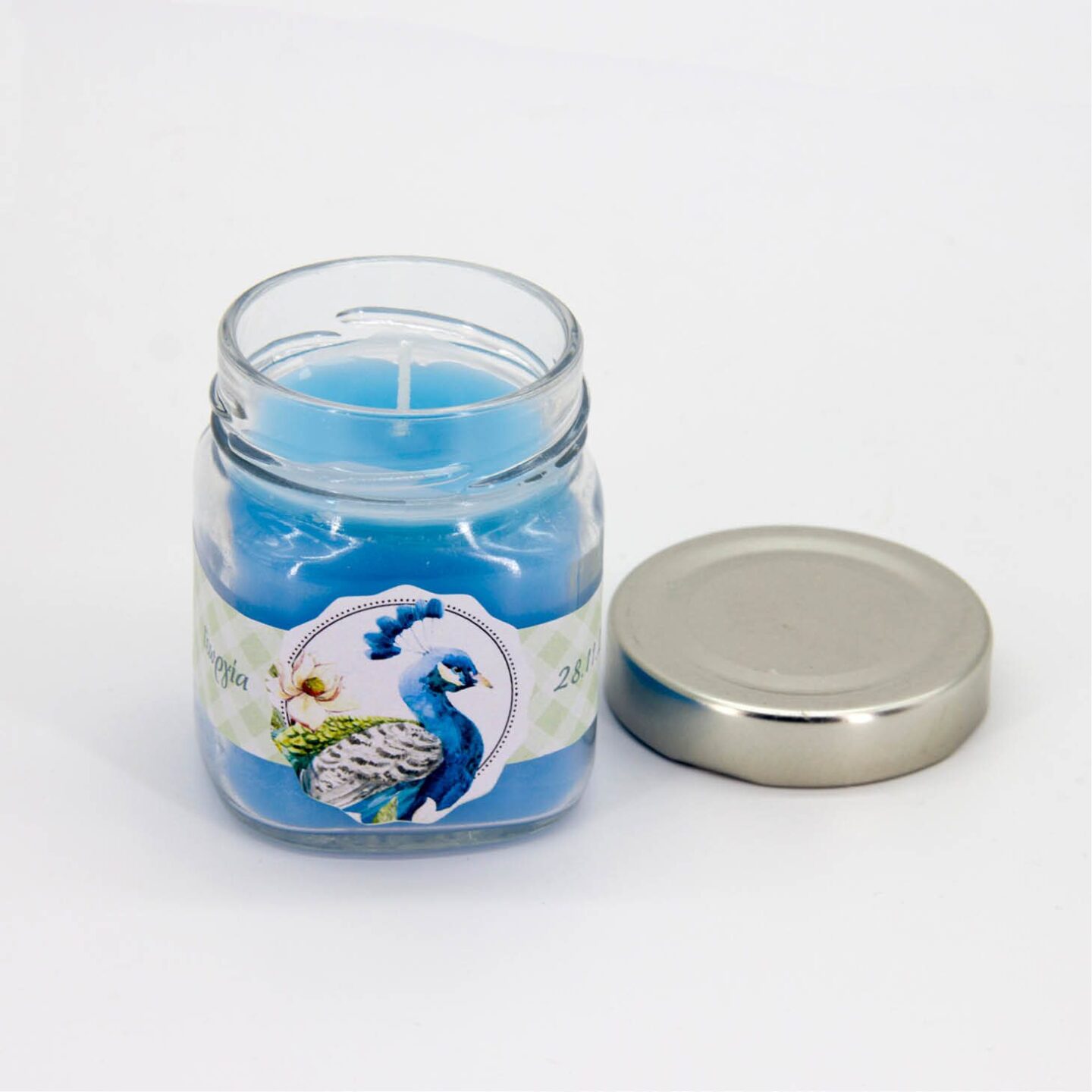 Μπομπονιέρα με αρωματικό κερί για βάπτιση με αυτοκόλλητη ετικέτα στο θέμα της βάπτισης