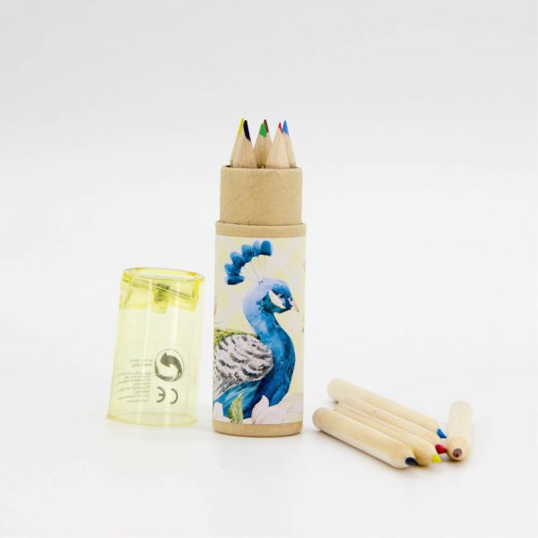 Μπομπονιέρα για βάπτιση με ξυλομπιγιλες σε κυλινδρική κασετίνα, με τυπωμένο το θέμα της βάπτισης