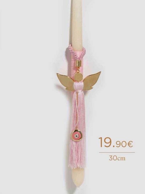 Πασχαλινή Λαμπάδα για κορίτσι με επίχρυσο γούρι με αγγελάκι και ματάκι από ροζ σμάλτο ως διακοσμητικό, με ροζ μεταξωτή φούντα και σατέν κορδόνι. Το διακοσμητικό μπορεί να γίνει κρεμαστό γούρι για το παιδικό δωμάτιο ή μπρελόκ! Χειροποίητη δημιουργία Tresento επιχρυσωμένο με 24 καράτια.