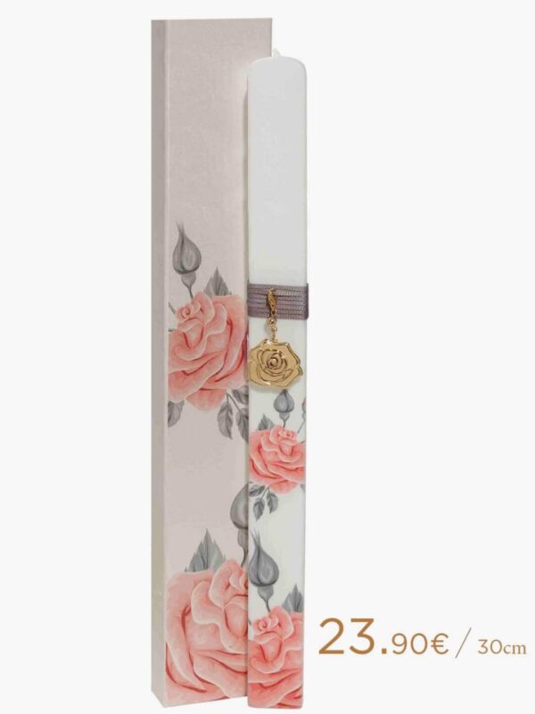 Πασχαλινή λαμπάδα για κορίτσι με τριαντάφυλλα και χρυσό τριαντάφυλλο για κολιέ