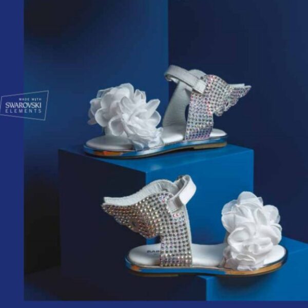 Παιδικά πέδιλα για κορίτσι σε χρυσό με λεοπάρ σχέδια και φτερά του ερμή με swarovski και σατέν λουλούδια