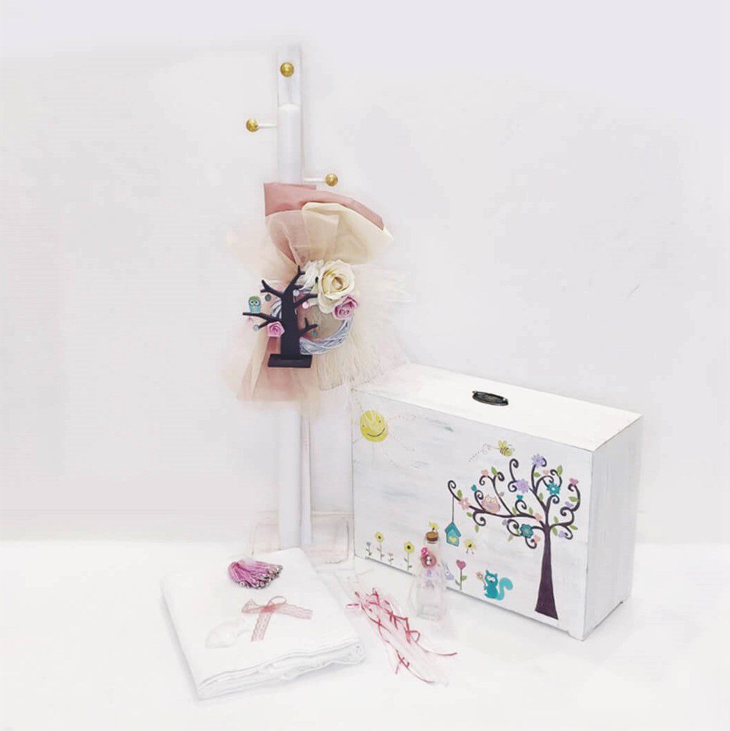 Πλήρες σετ βάπτισης Ανοιξιάτικο δέντρο με ξύλινη βαλίτσα