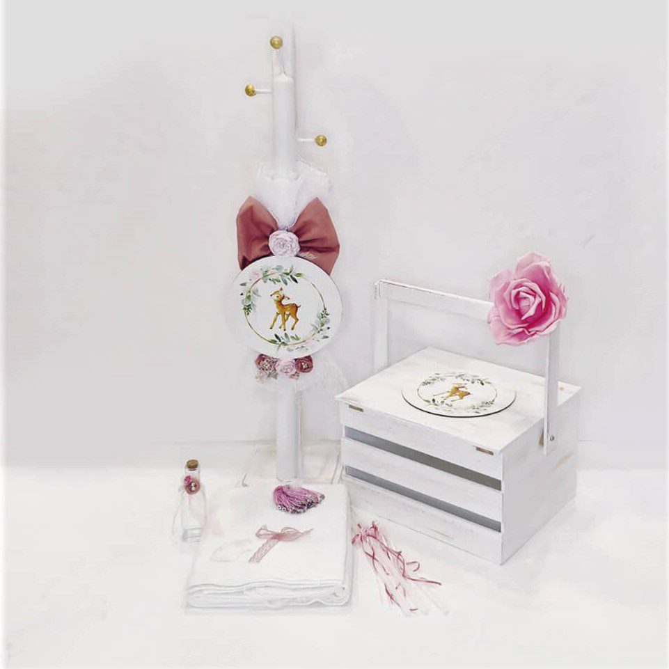 Πλήρες σετ βάπτισης με θέμα το ελαφάκι με αποθηκευτικό κύβο