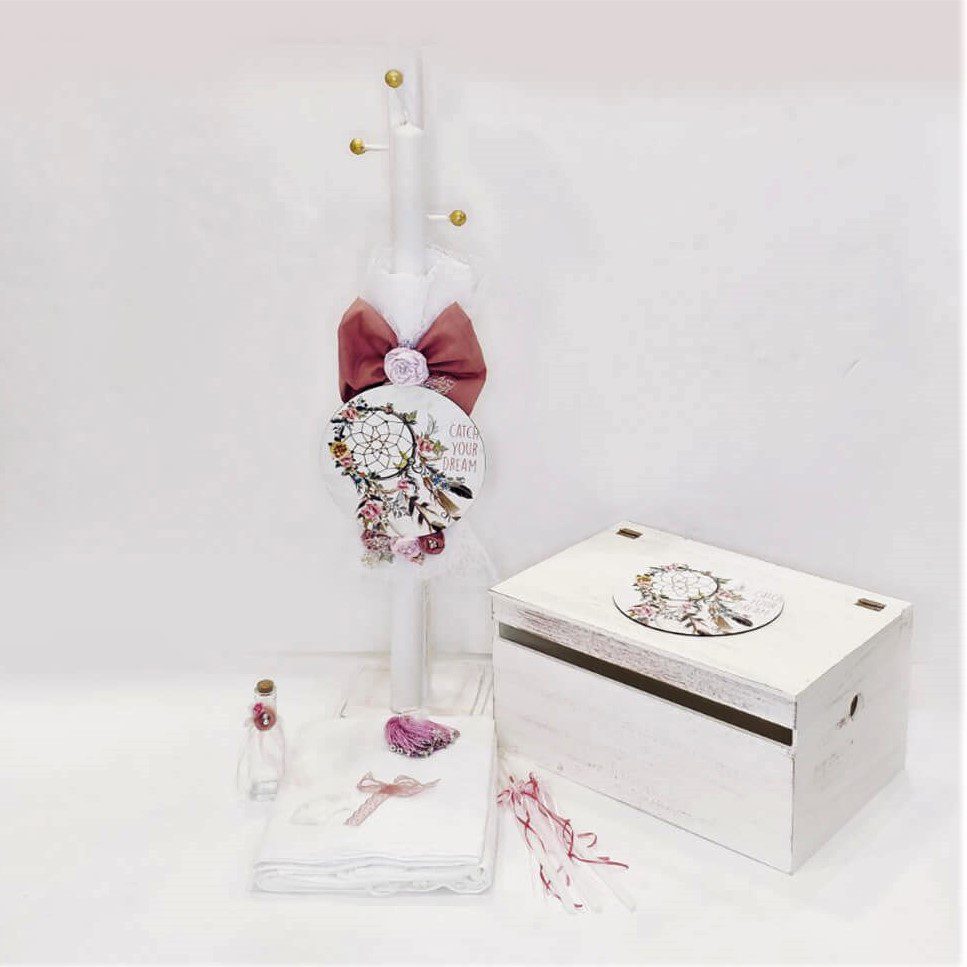 Πλήρες σετ βάπτισης με θέμα Ονειροπαγίδα και με ορθογώνιο αποθηκευτικό κουτί