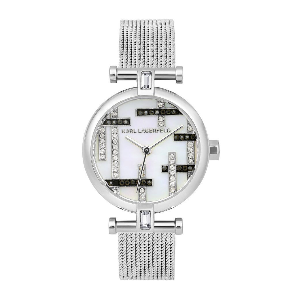 Γυναικείο ρολόι του οίκου Karl Lagerfeld, με λευκό καντράν διακοσμημένο κρύσταλλα swarovski. Μηχανισμός Quartz με 2 χρόνια εργοστασιακής εγγύησης. Με μπρασελέ, κατασκευασμένο από ανοξείδωτο ατσάλι. Διάμετρος καντράν 26mm, στεγανότητα 3 ΑΤΜ. Παραδίδεται στην γνήσια συσκευασία του με πιστοποιητικό γνησιότητας και εξουσιοδοτημένο service.