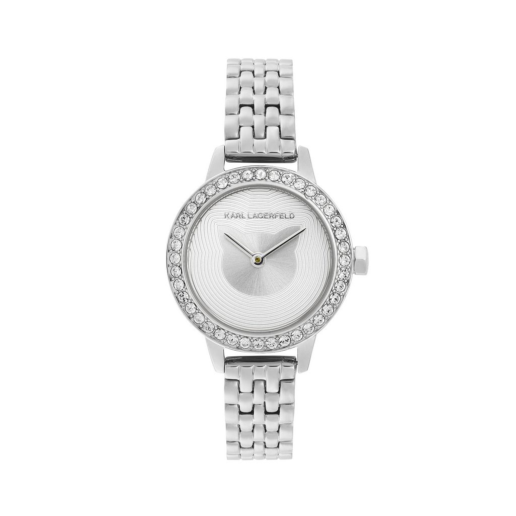 Γυναικείο ρολόι του οίκου Karl Lagerfeld, με λευκό καντράν διακοσμημένο κρύσταλλα swarovski και ασημένια γατούλα. Μηχανισμός Quartz με 2 χρόνια εργοστασιακής εγγύησης. Με μπρασελέ, κατασκευασμένο όλο από ανοξείδωτο ατσάλι. Διάμετρος καντράν 26mm, στεγανότητα 3 ΑΤΜ. Παραδίδεται στην γνήσια συσκευασία του με πιστοποιητικό γνησιότητας και εξουσιοδοτημένο service.