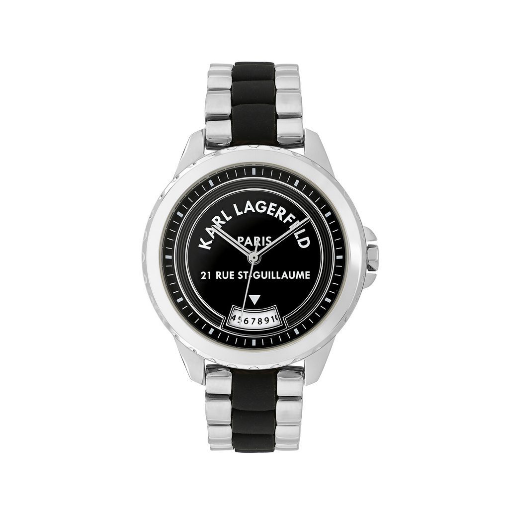 Γυναικείο ρολόι του οίκου Karl Lagerfeld, με λευκό καντράν διακοσμημένο κρύσταλλα swarovski και ασημένια γατούλα. Μηχανισμός Quartz με 2 χρόνια εργοστασιακής εγγύησης. Με μπρασελέ, κατασκευασμένο όλο από ανοξείδωτο ατσάλι. Διάμετρος καντράν 26mm, στεγανότητα 3 ΑΤΜ. Παραδίδεται στην γνήσια συσκευασία του με πιστοποιητικό γνησιότητας και εξουσιοδοτημένο service.