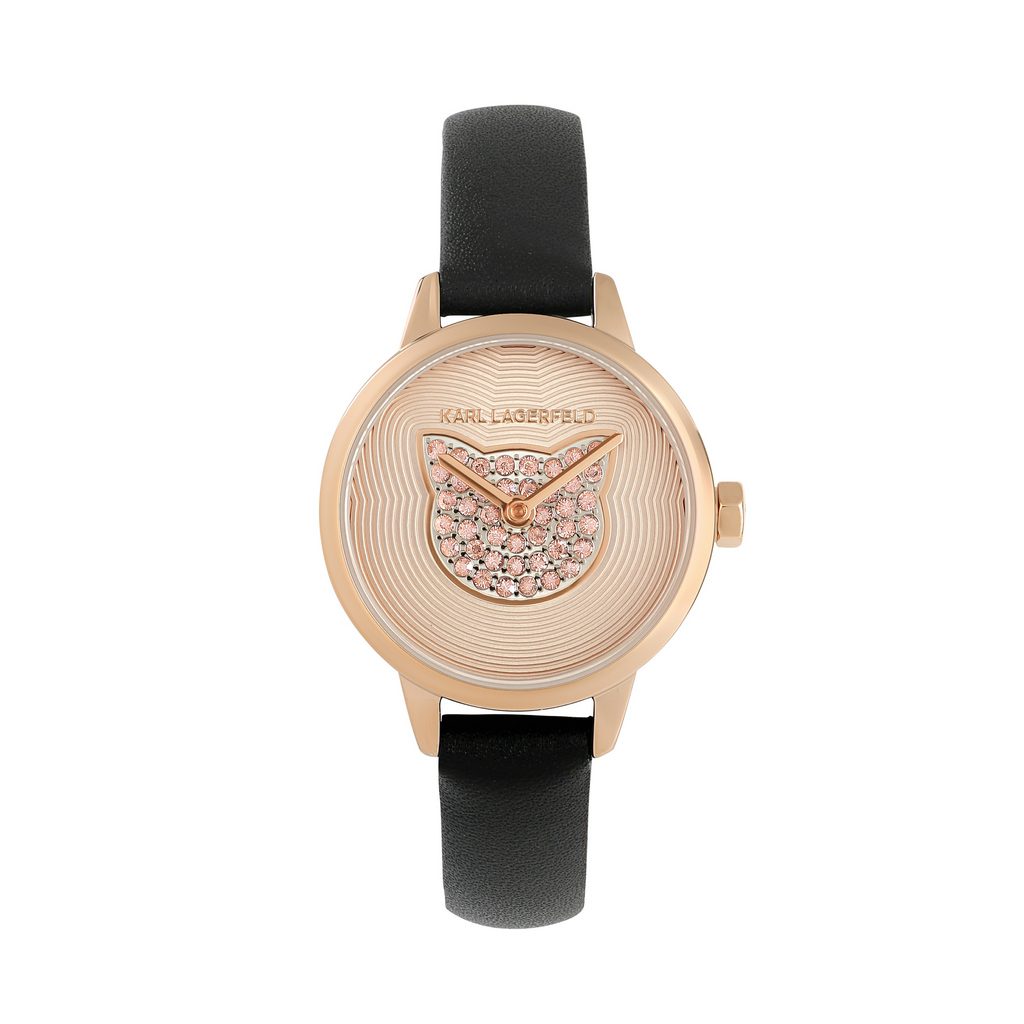 Γυναικείο ρολόι του οίκου Karl Lagerfeld, με καντράν διακοσμημένο με κρύσταλλα swarovski και γατούλα. Μηχανισμός Quartz με 2 χρόνια εργοστασιακής εγγύησης. Με δερμάτινο λουράκι, κατασκευασμένο όλο από ανοξείδωτο ατσάλι, επιχρυσωμένο με 24 καράτια για το χρυσό και το ροζ χρυσό. Διάμετρος καντράν 26mm, στεγανότητα 3 ΑΤΜ. Παραδίδεται στην γνήσια συσκευασία του με πιστοποιητικό γνησιότητας και εξουσιοδοτημένο service.