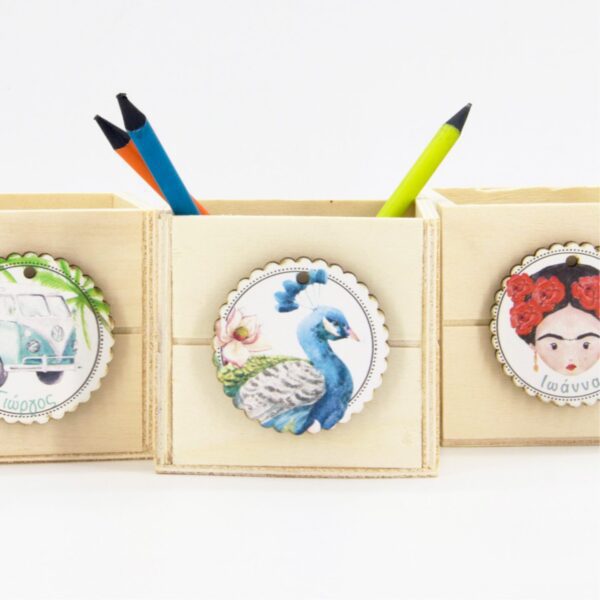 Μπομπονιέρα βάπτισης ξύλινη μολυβοθήκη