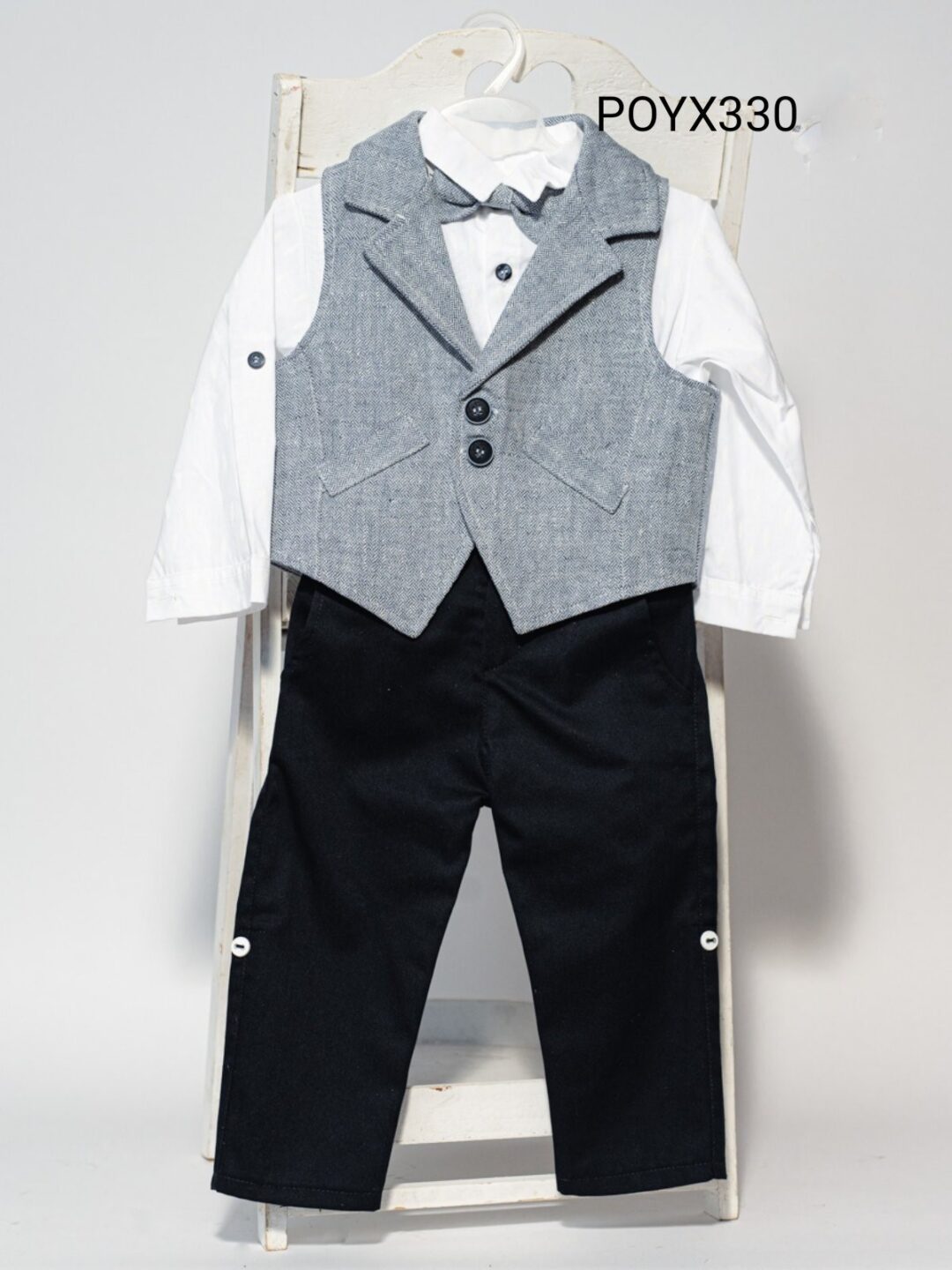 IMG-a5ebdcc0cc5895bb03f19598f122c0e8-V Βαπτιστικό κοστούμι με γιλέκο και παπιγιόν, σε navy blue με γαλάζιο