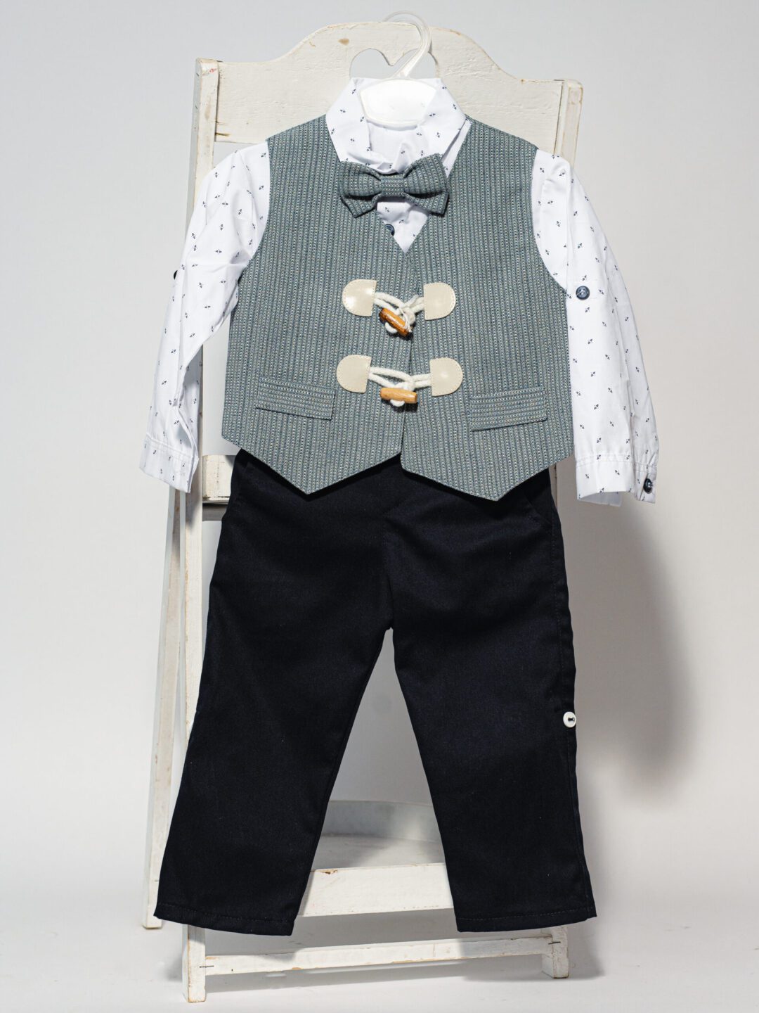 Βαπτιστικό κοστούμι με γιλέκο και παπιγιόν, σε navy blue με γκρι