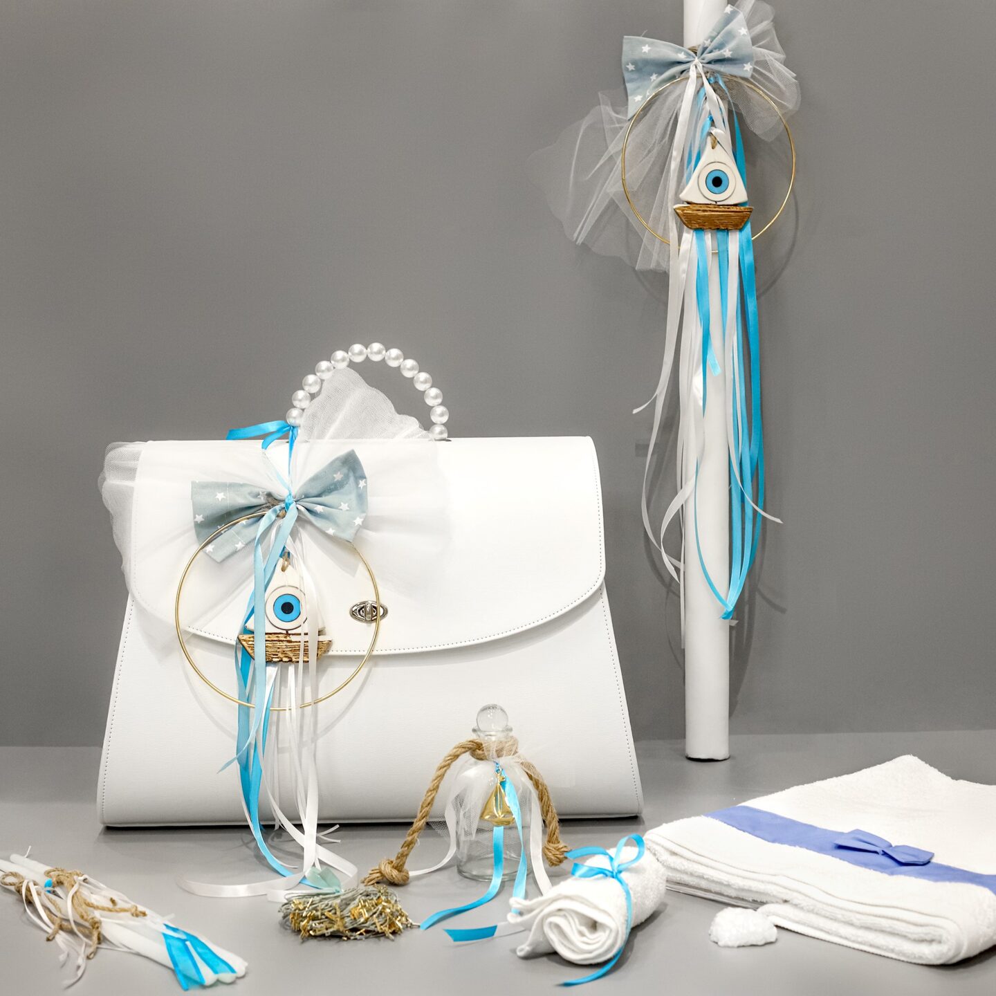 Πλήρες σετ βάπτισης με καράβι και ματάκι, γαλάζιο και λευκό