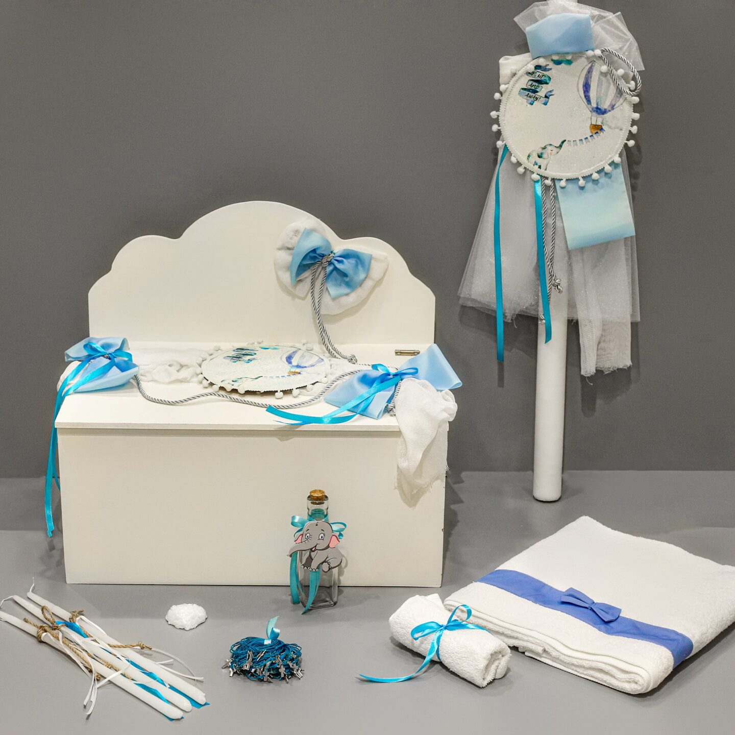 Πλήρες σετ βάπτισης ελεφαντάκι με αερόστατο