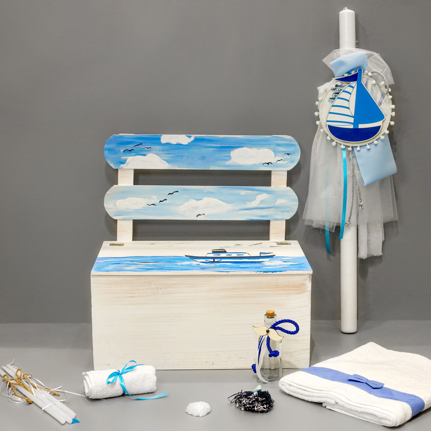 Πλήρες σετ βάπτισης με καραβάκια, σε γαλάζιο και λευκό