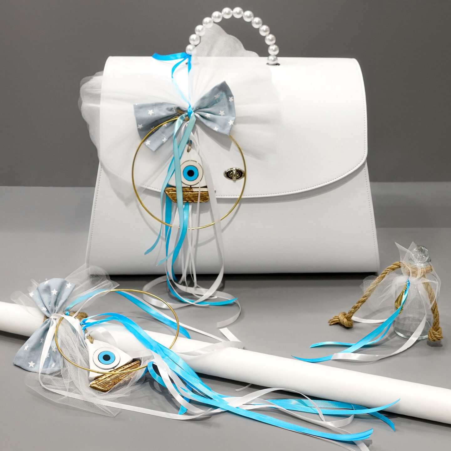 Πλήρες σετ βάπτισης με καράβι και ματάκι, γαλάζιο και λευκό