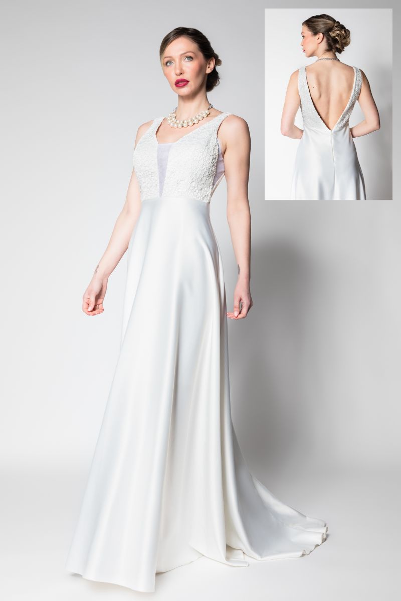 Νυφικό φόρεμα σατέν με μπούστο δαντέλα και ανοιχτή πλάτη