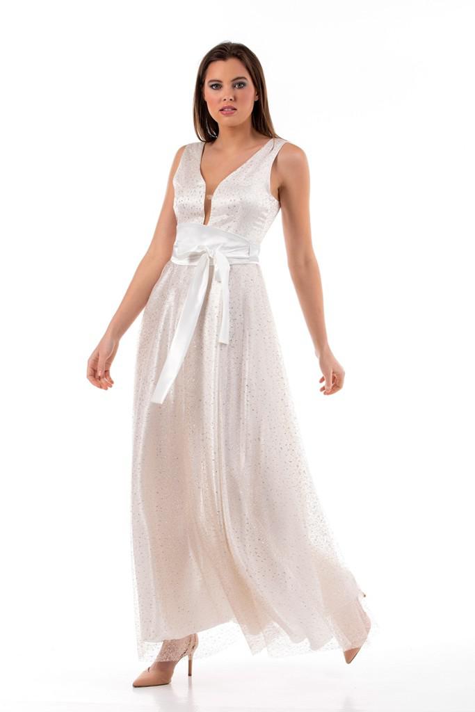 Maxi φόρεμα με γκλίτερ τούλι και σατέν ζώνη σε εκρού