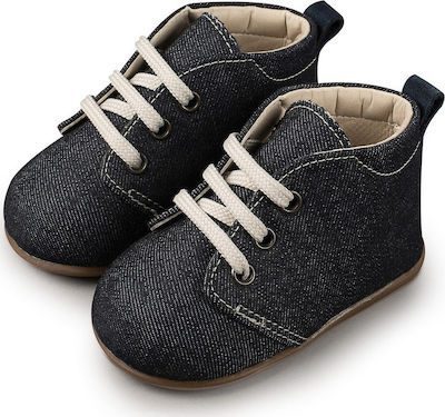 Χειροποίητα βαπτιστικά παπουτσάκια τζιν μποτάκι σε μπλε σκούρο. Ελληνικής ραφής