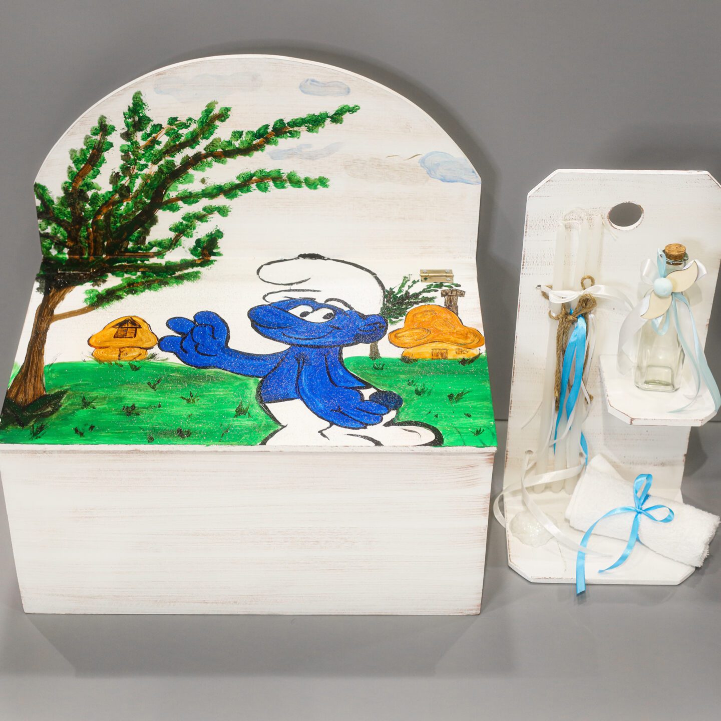 Πλήρες σετ βάπτισης ξύλινο παγκάκι με Στρουμφάκια