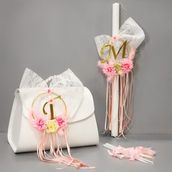 Πλήρες σετ βάπτισης βαλίτσα με μονόγραμμα και vintage λουλούδια