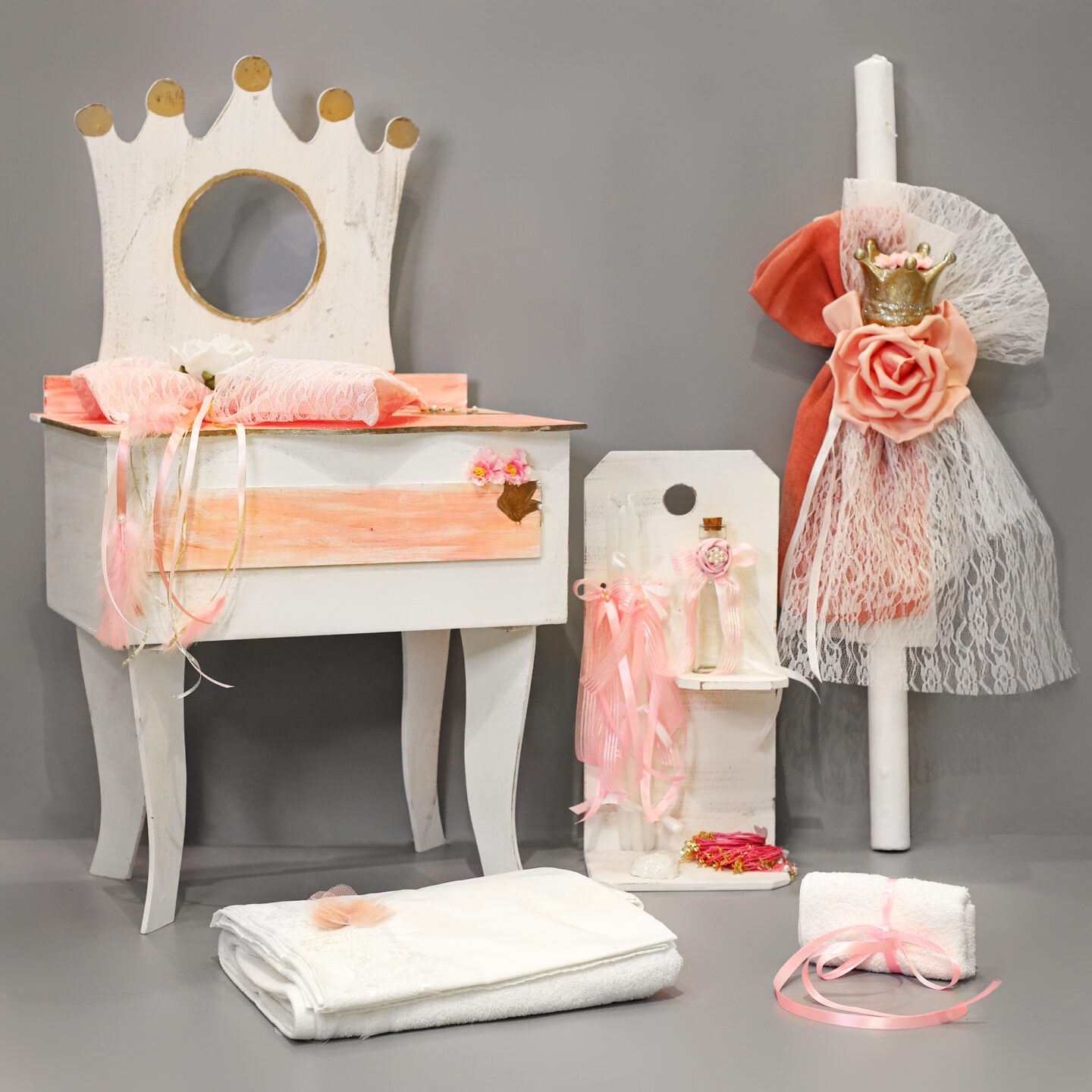 Πλήρες σετ βάπτισης vintage μπουντουάρ κορώνα με λουλούδια, σε σομόν