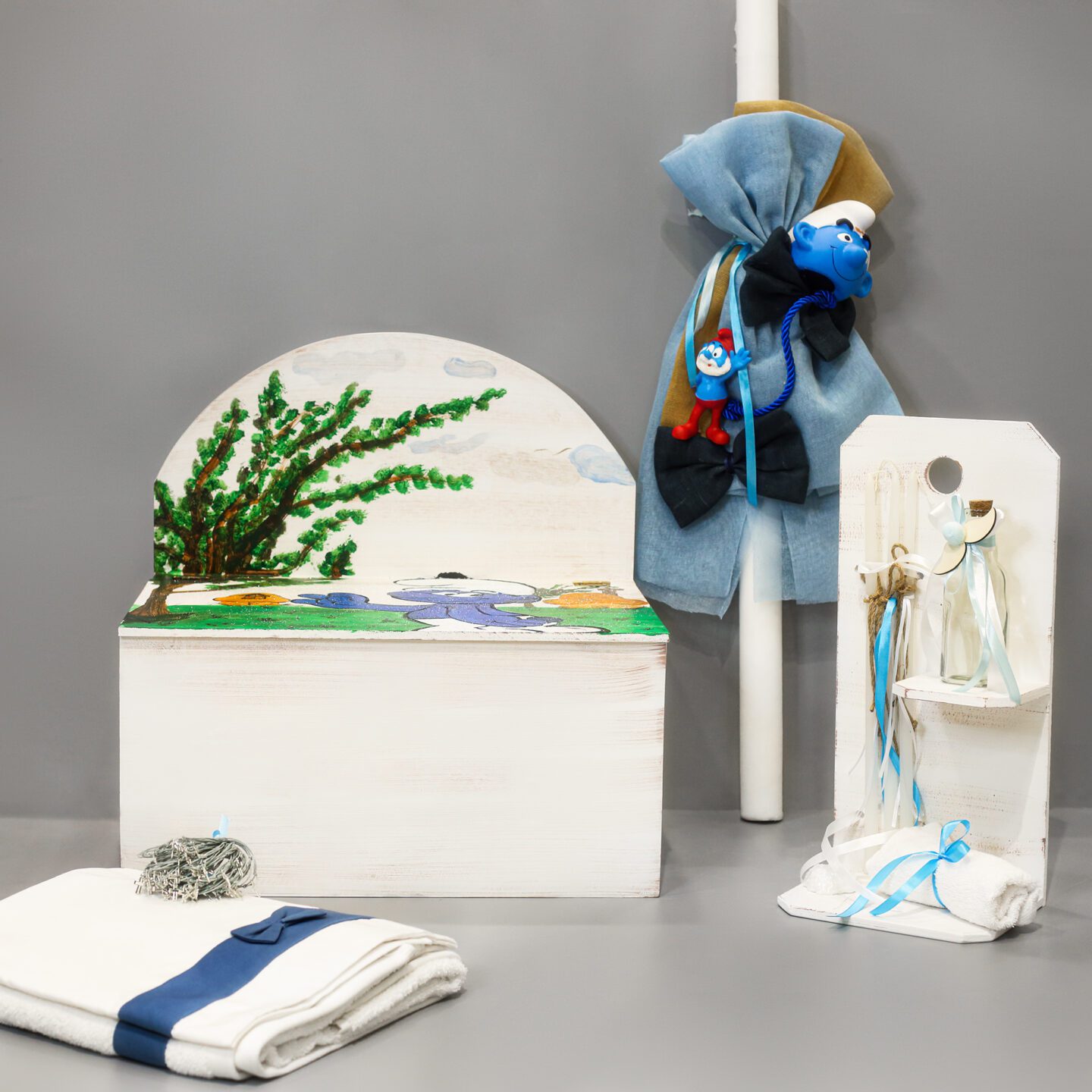 Πλήρες σετ βάπτισης ξύλινο παγκάκι με Στρουμφάκια