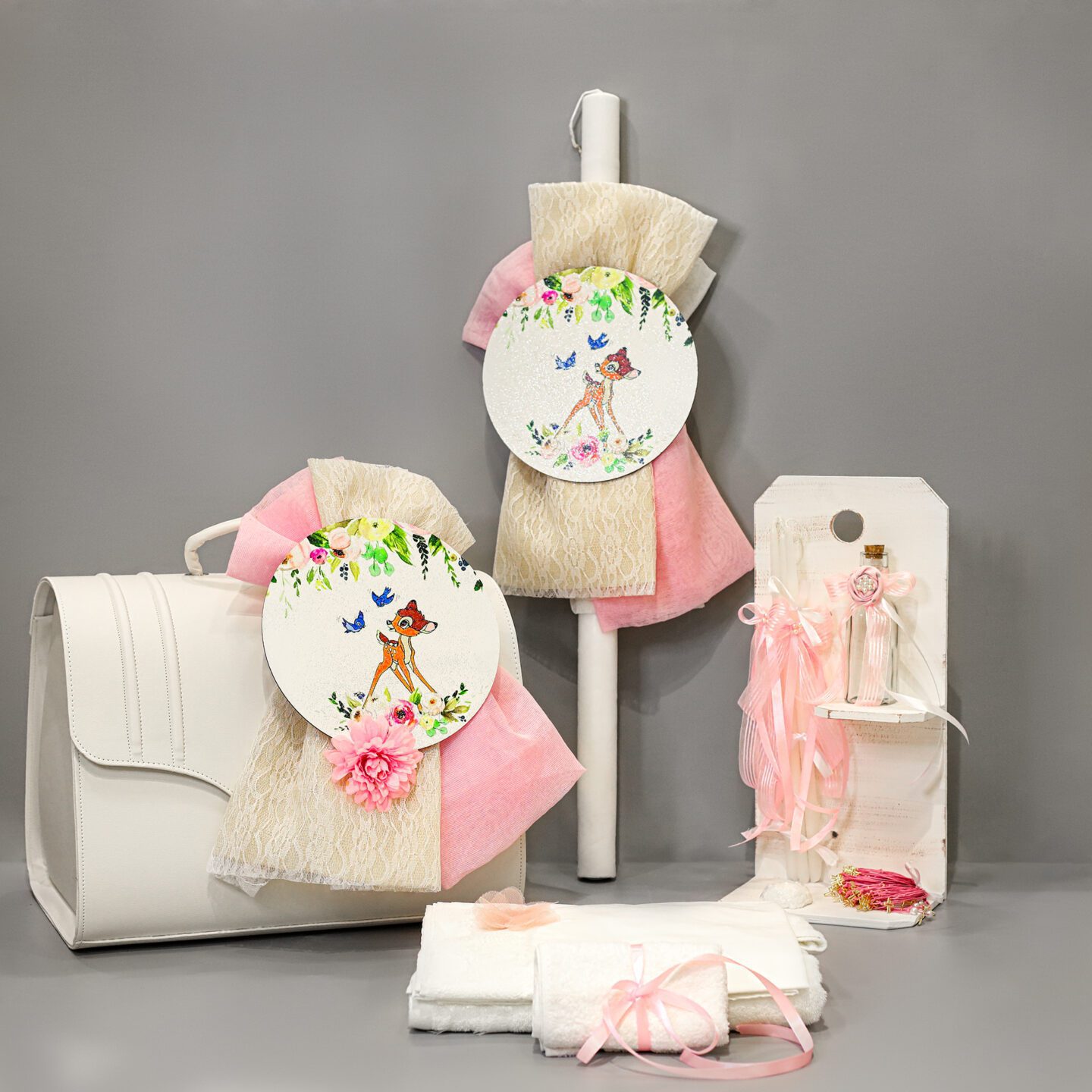 Πλήρες σετ βάπτισης δερμάτινη βαλίτσα με Ελαφάκι