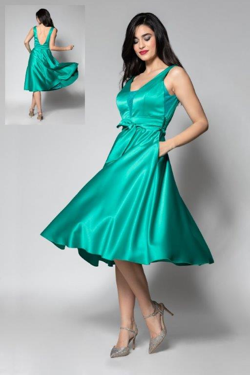 Midi σατέν φόρεμα σε σμαραγδί και κόκκινο