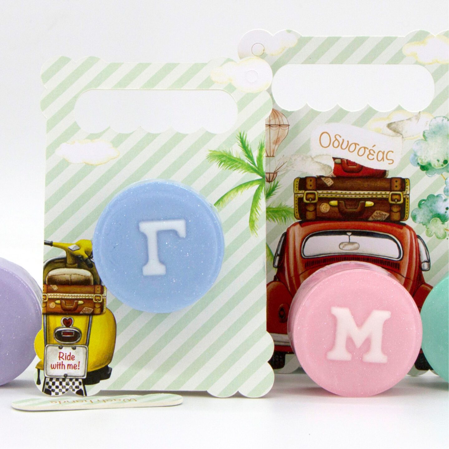 Αρωματικό σαπούνι μονόγραμμα και τυπωμένη θεματική πλάτη ιδανικό για μπομπονιέρα