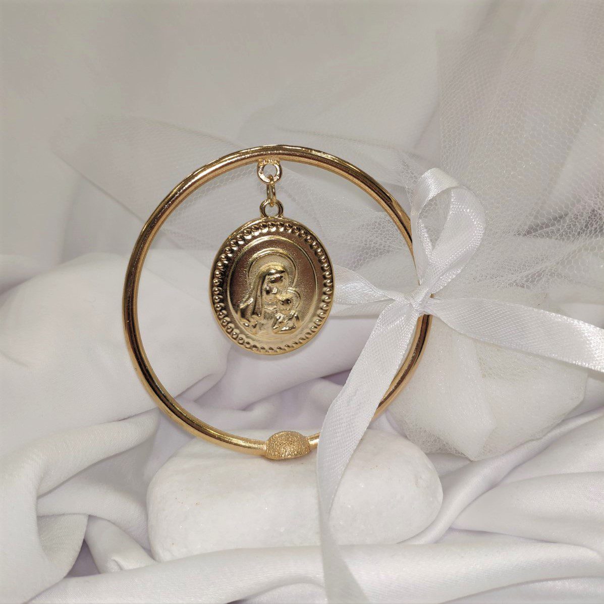 Μπομπονιέρα με λευκό βότσαλο και επίχρυση Παναγίτσα