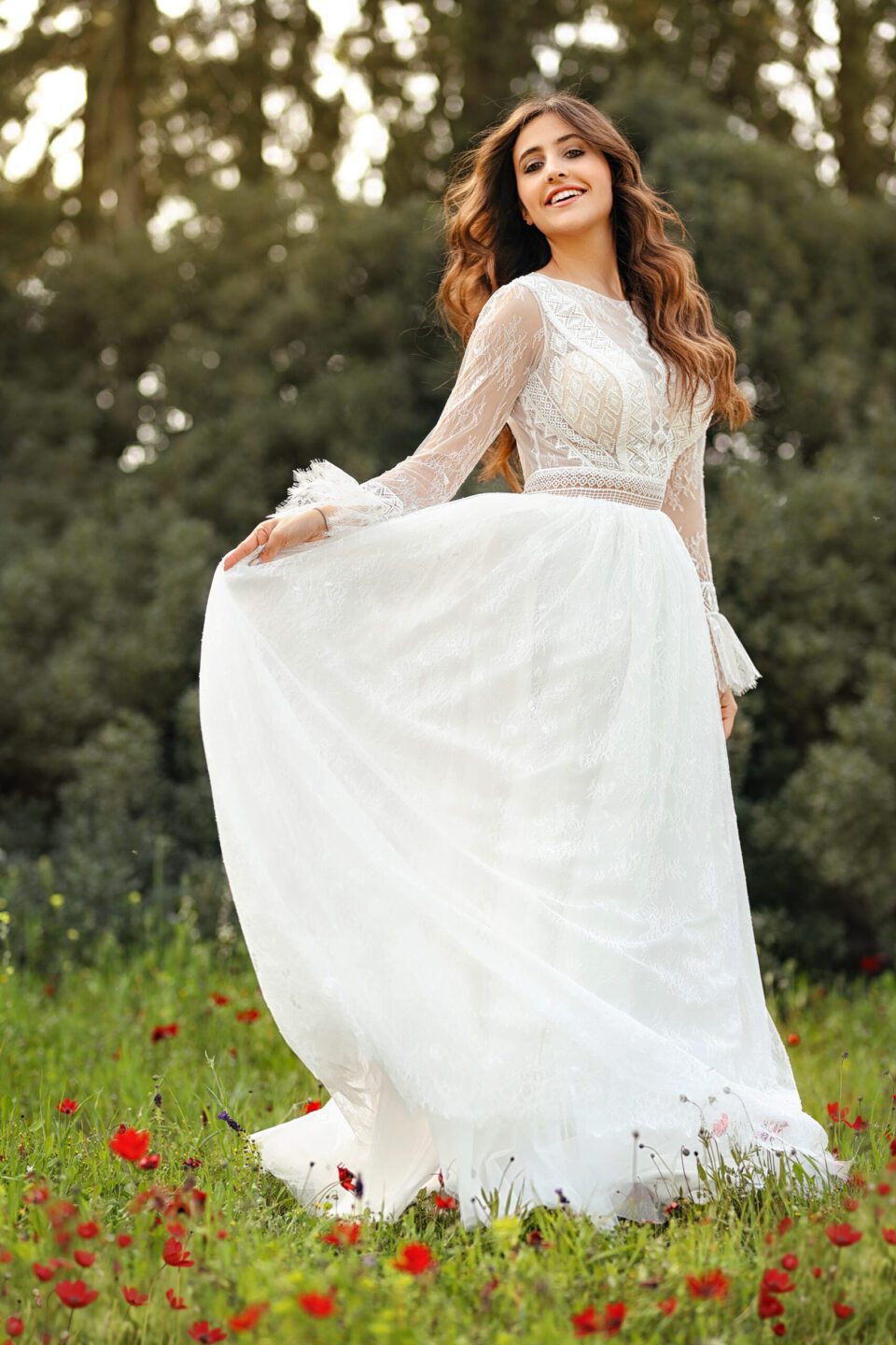 Boho Νυφικό με δαντέλα και μακρύ μανίκι