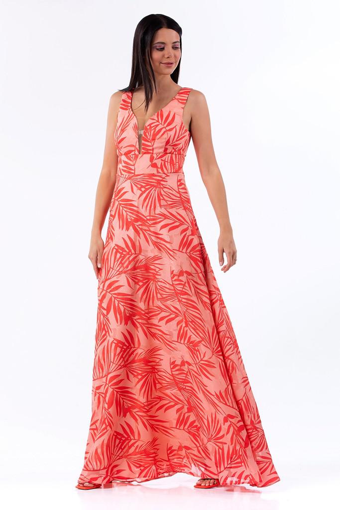 Maxi φόρεμα εμπριμέ κοραλί με ροζ