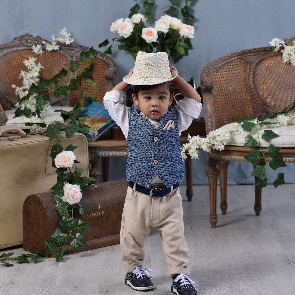 Βαπτιστικό κοστούμι σε μπεζ με γαλάζιο